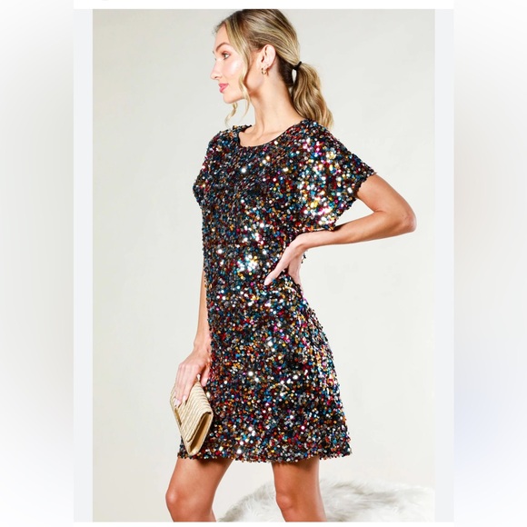 Sequin Multicolor Dress Boat Neck Party Dress New Year’s Eve Dress Holiday Large - Picture 2 of 9